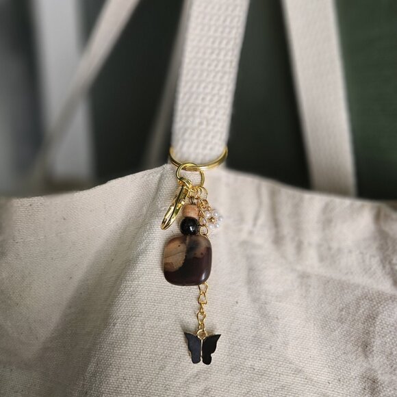 Brown Stone Beaded Keychain with Pearl Flower and Black Butterfly Charms - Picture 4 of 7